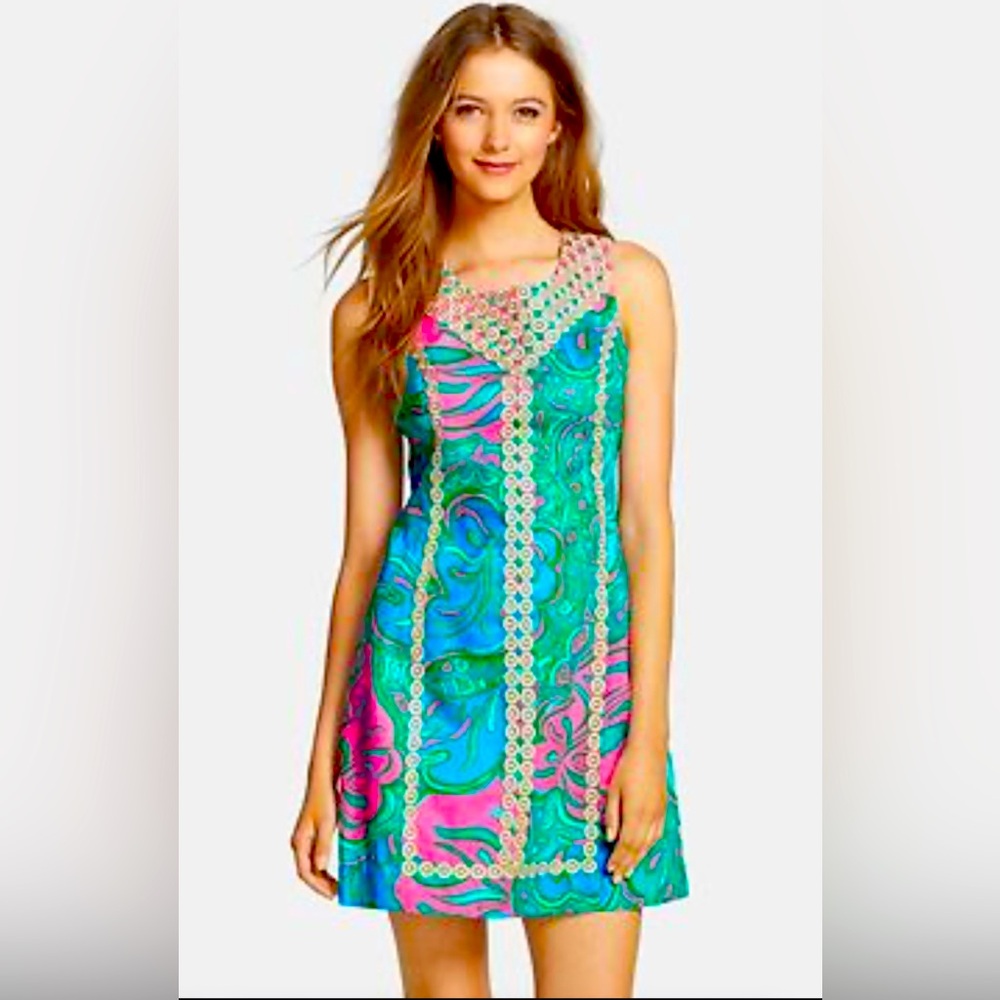 💦🐠💧🐬Lilly Pulitzer Macfarlane sz8 gold embroidery rich blue green pink swirls